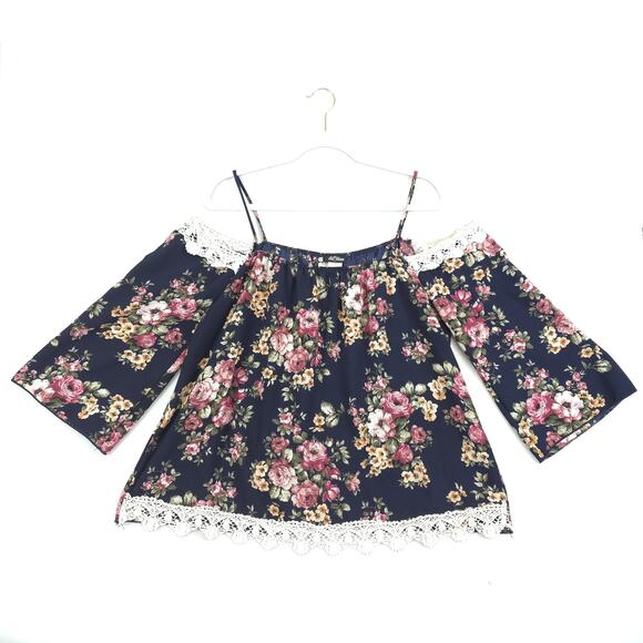 Fashion Magazine Blouse Women L Navy Floral Off Shoulder Lace Trim Boho Fairy - Picture 1 of 9